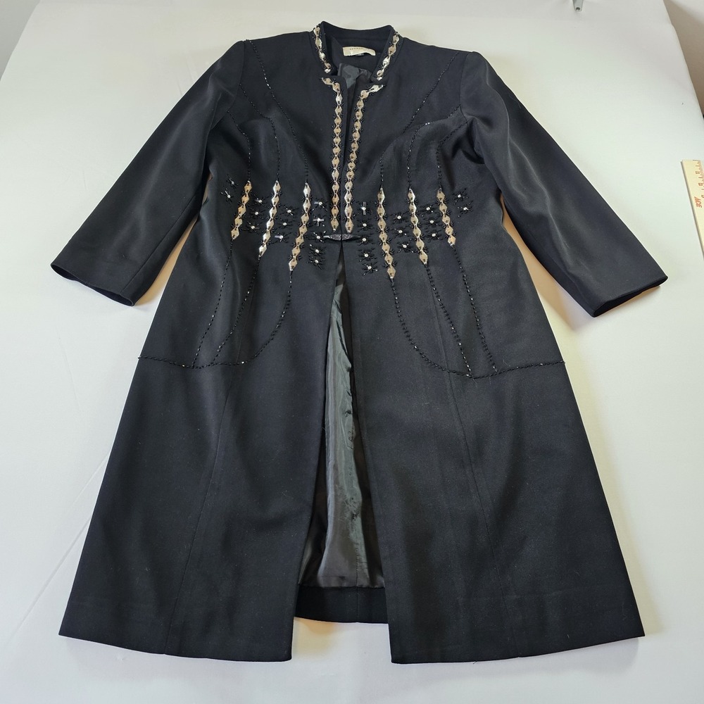 Terramina Sz 10 Long Black Elegant Lined Coat Jacket Embroidered Beaded Vtg EUC